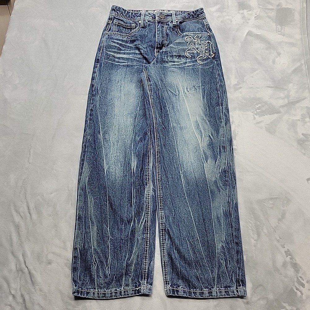 Ninth Hall Jeans Womens 8 Blue Idle Wide Leg Embroidered Y2K Baggy Skater Grunge